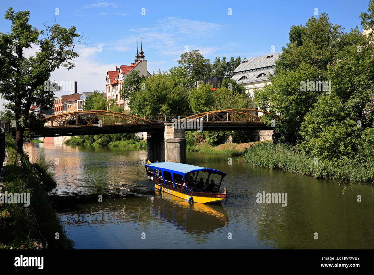 Crociera turistica barca su Muehlgraben Mlynowka, Opole, Slesia, Polonia, Europa Foto Stock