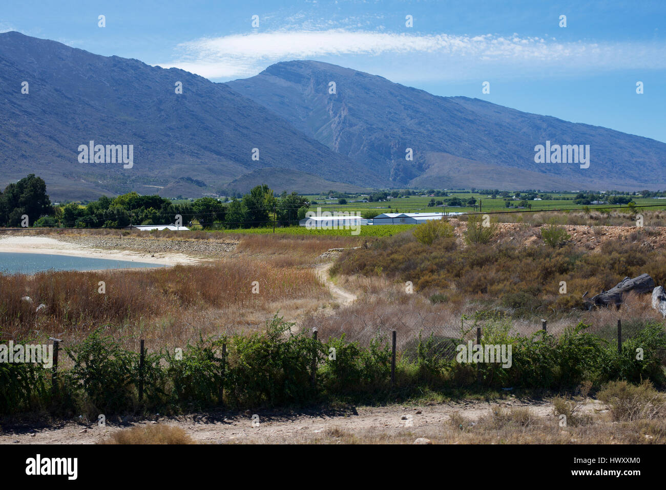 Paesaggio di Tulbagh, dal treno che passa attraverso il Franschhoek Pass, en route da Città del Capo a Johannesburg. Foto Stock