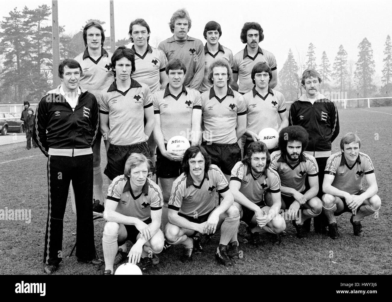 Squadra del team Wolverhampton Wanderers FC 1980 Mel Eves, Norman Bell, Paul Bradshaw, Wayne Clarke, Geoff Palmer. Richie Barker, Colin Brazier, Emlyn Hughes, Andy Grey, John Richards, John Malam. Willie Carr, Kenny Hibbit, Peter Daniel, George Berry, Derek Parkin. Foto Stock