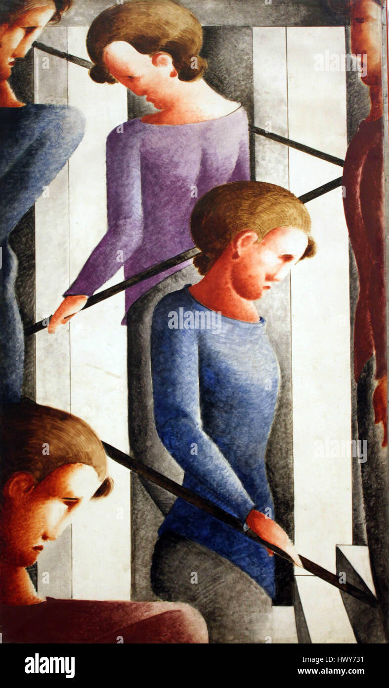 "Treppenszene" di Oskar Schlemmer è un dipinto del 1932 che esplora le forme geometriche e la figura umana in movimento. Noto per i suoi contributi al movimento Bauhaus, Schlemmer incorpora un senso di astrazione, utilizzando forme minimalistiche per rappresentare le figure in modo dinamico ma strutturato. Foto Stock