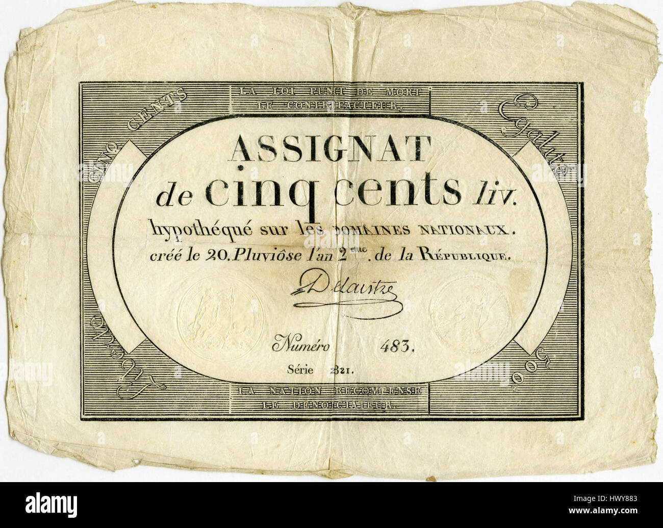 L'assignat de 500 livres era un tipo di moneta cartacea emessa durante la Rivoluzione francese. È stato utilizzato per finanziare la rivoluzione e riflettere le sfide economiche affrontate dalla Francia in quel periodo. Foto Stock