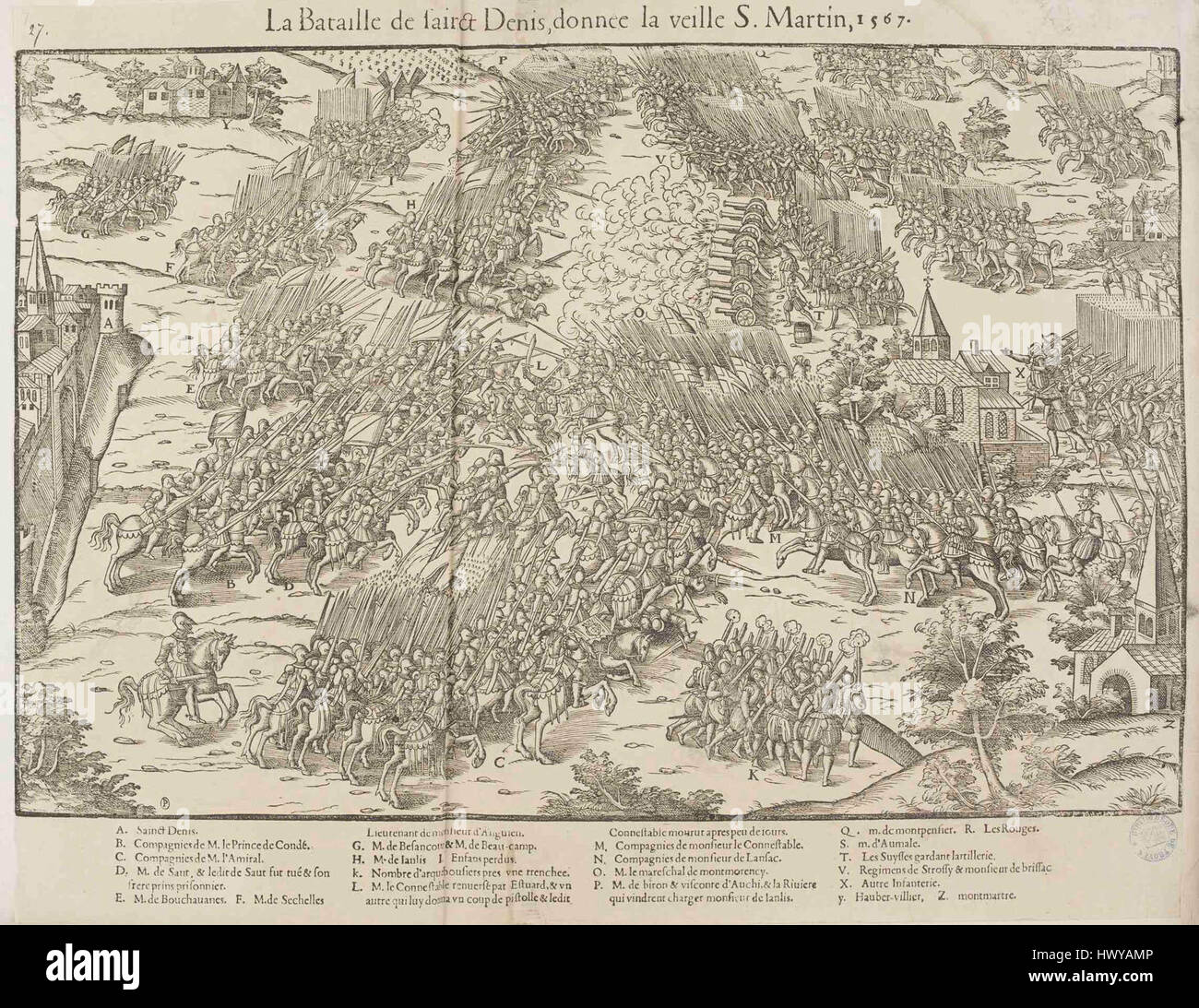La battaglia di Saint Denis, combattuta nel 1567, fu un conflitto significativo durante le guerre di religione francesi. Esso comportò uno scontro tra le forze cattoliche francesi e quelle ugonotte. La battaglia si concluse con una decisiva vittoria cattolica, rafforzando il potere della fazione cattolica in Francia durante questo turbolento periodo di conflitto religioso. Foto Stock