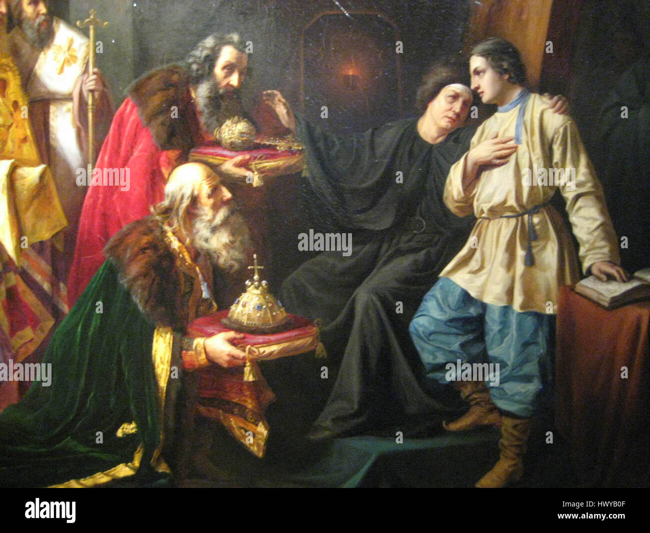 Il dipinto "Calling of Mikhail Fedorovich" raffigura il momento storico in cui Mikhail Fedorovich fu invitato a diventare il primo zar di Russia all'inizio del XVII secolo. La scena cattura il momento drammatico della sua elevazione al potere. Foto Stock