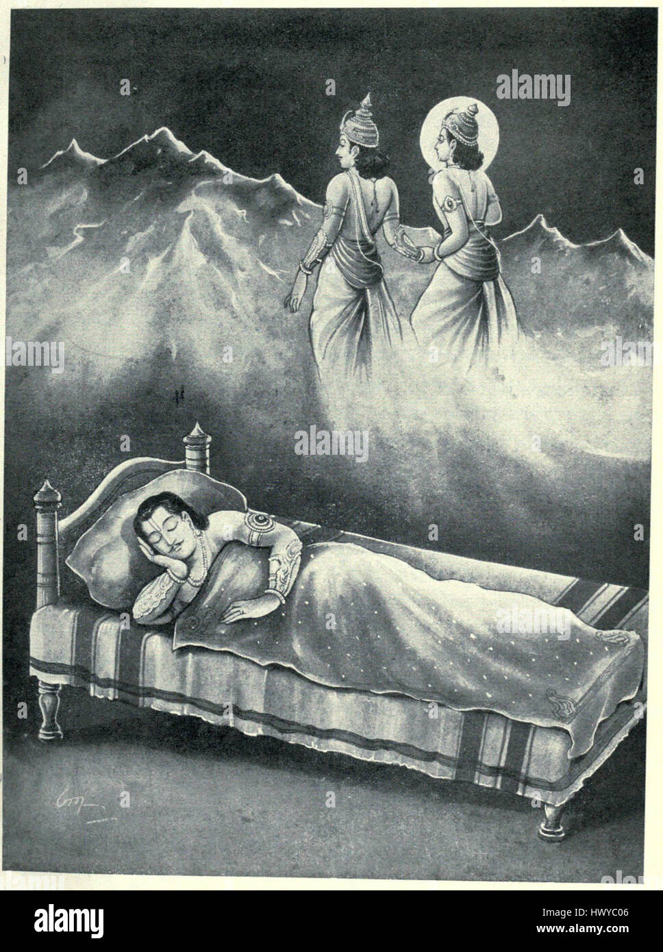 Arjuna Dream si riferisce a una rappresentazione simbolica della mitologia indù, concentrandosi in particolare su Arjuna, uno dei principi Pandava. Nel contesto del sogno, Arjuna subisce una visione spirituale o rivelazione che svolge un ruolo chiave nel Mahabharata, guidando le sue decisioni e azioni durante la battaglia epica. Foto Stock