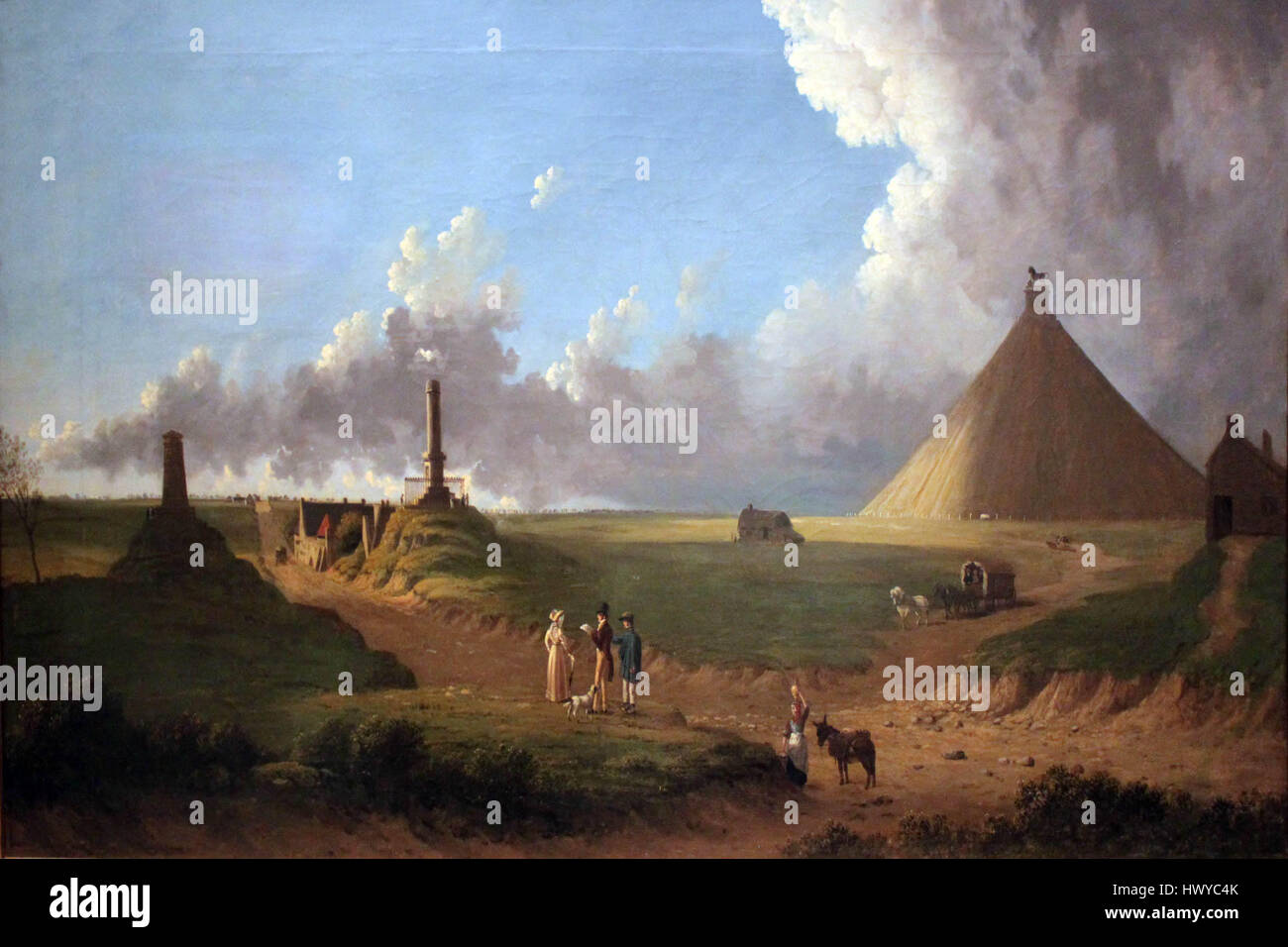 Questa immagine raffigura i turisti sul sito della battaglia di Waterloo nel 1835, mostrando il significato storico della località e i visitatori che esplorano il campo di battaglia. Foto Stock