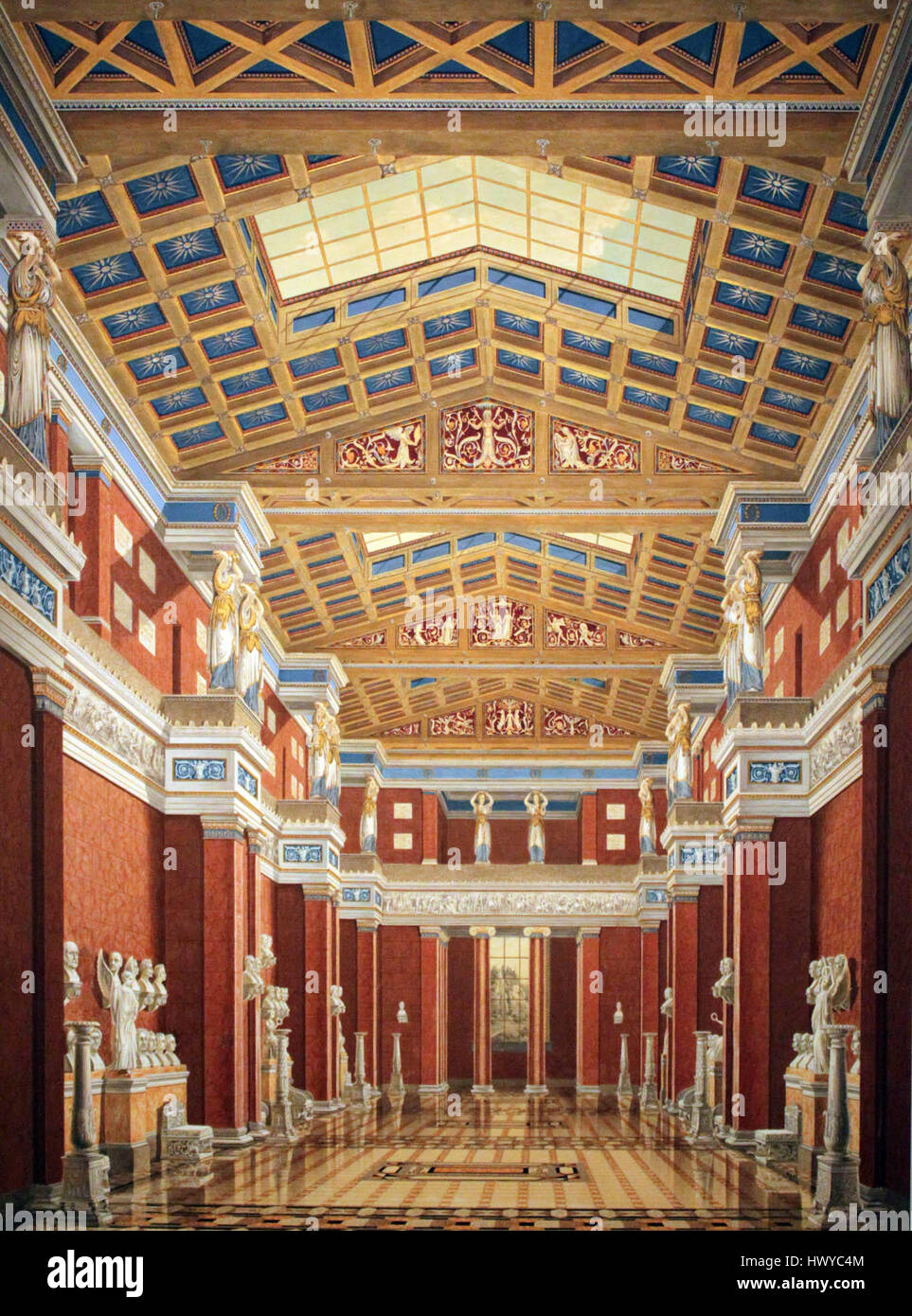 Questa rappresentazione del 1842 del memoriale di Walhalla di Grueber presenta la struttura monumentale dedicata a figure di spicco della storia tedesca. Riflette gli ideali del XIX secolo di nazionalismo e di memoria storica in Germania. Foto Stock