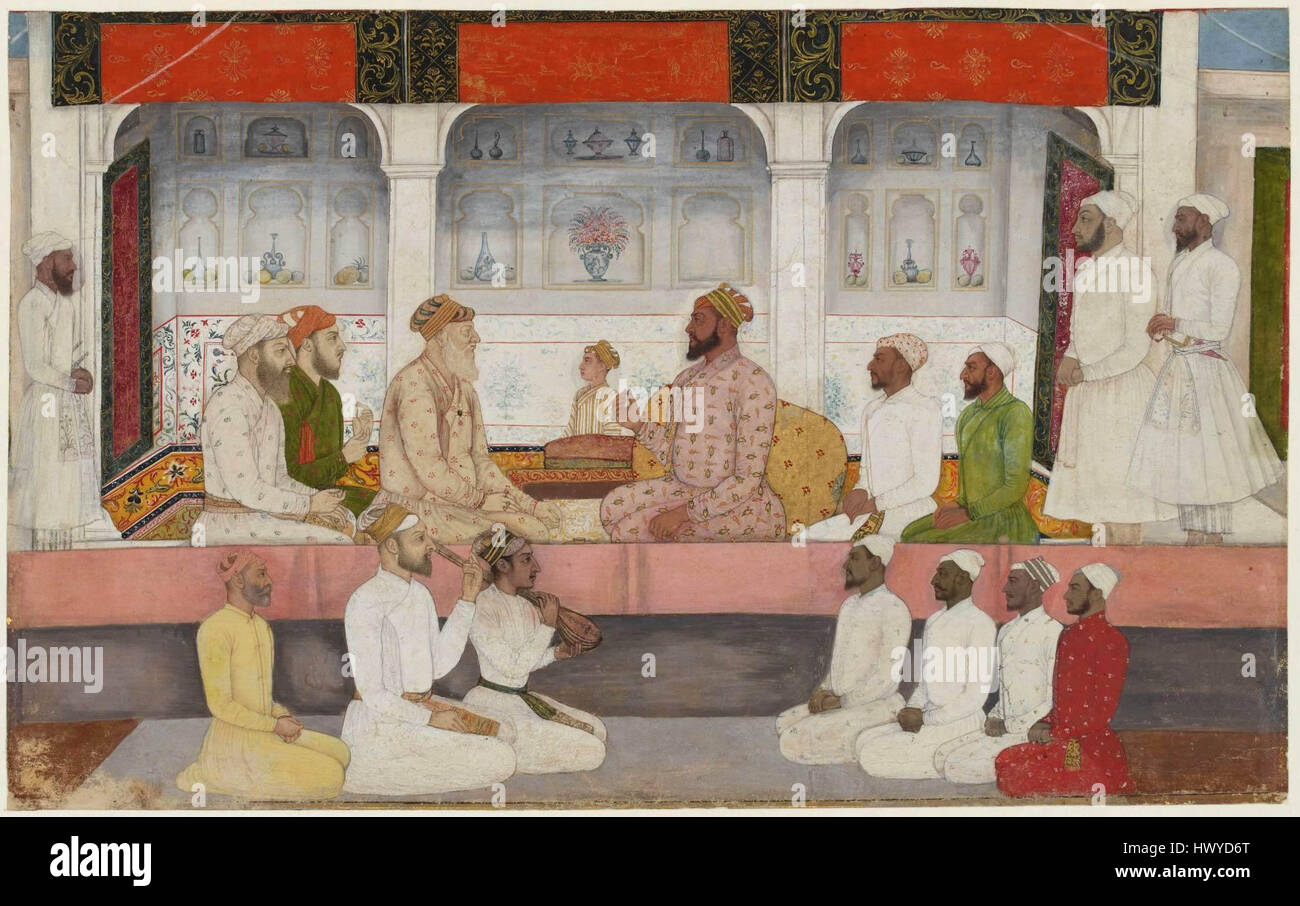 Questo dipinto dell'inizio del XVIII secolo raffigura Sayyid Abdullah Khan, un importante amministratore moghul, seduto in un ambiente di corte. Come wazir durante il regno di Farrukhsiyar, giocò un ruolo fondamentale nella politica moghul. Foto Stock