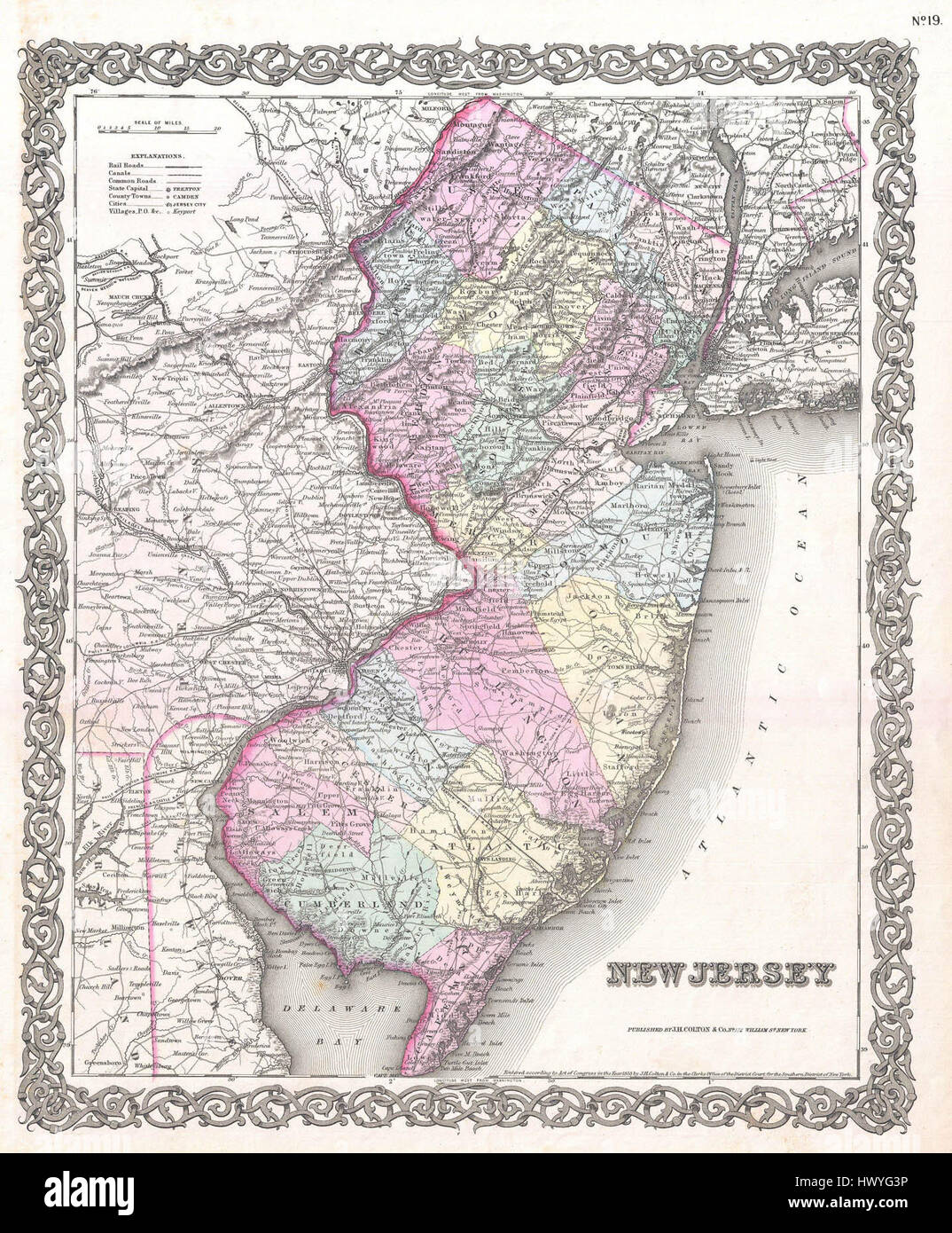 La Colton Map of New Jersey del 1855 è una mappa storica che descrive la geografia, le città e le vie di trasporto dello stato durante il XIX secolo. È una risorsa preziosa per la geografia storica. Foto Stock