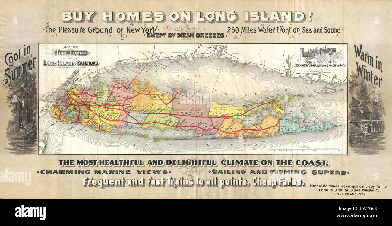 Questa mappa del 1891 descrive in dettaglio le proprietà immobiliari lungo la Long Island Railroad, offrendo uno sguardo sullo sviluppo della regione durante la fine del XIX secolo e sulla crescita del sistema ferroviario. Foto Stock
