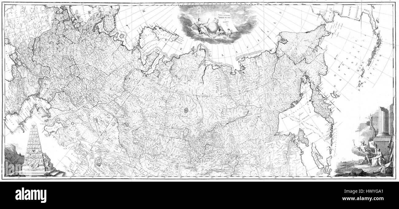 Questa mappa murale del 1787 dell'Impero russo fornisce una rappresentazione geografica dettagliata dell'impero in quel momento. Comprende confini, regioni e città, offrendo una visione storica dell'estensione territoriale della Russia durante la fine del XVIII secolo. Foto Stock