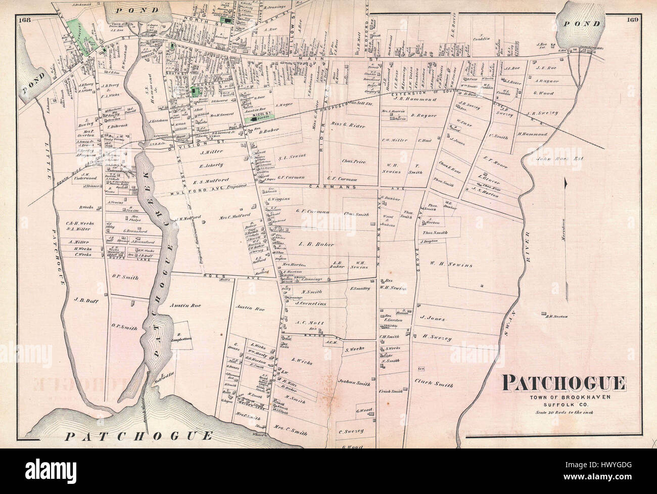 La Mappa delle birre del 1873 di Patchogue fornisce una descrizione dettagliata di Patchogue, Long Island, evidenziando proprietà, infrastrutture e proprietà terriera in quel momento. Serve da importante testimonianza storica dello sviluppo della zona. Foto Stock