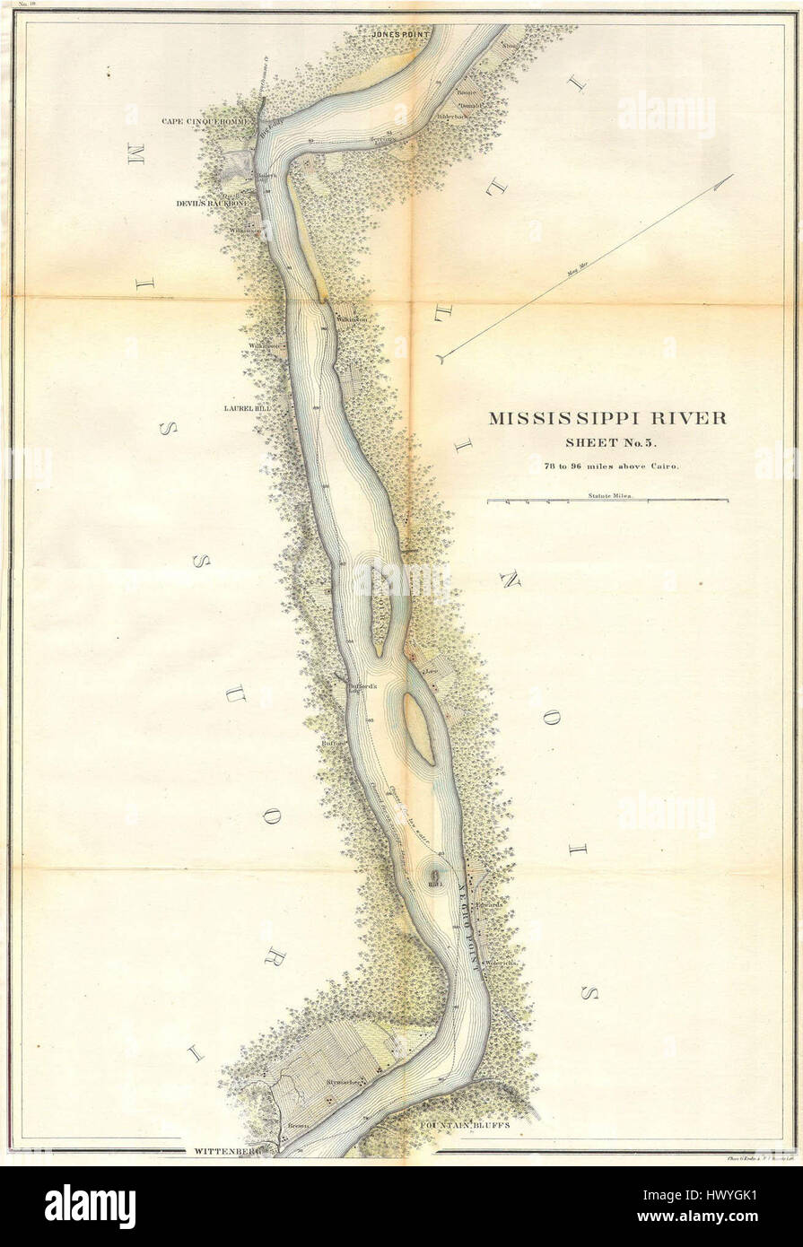 La mappa della U.S. Coast Survey del 1865 mostra il fiume Mississippi da 78 a 98 miglia sopra il Cairo, Illinois, con dettagli sul corso del fiume, le caratteristiche della terra circostante e gli elementi di navigazione. Questa mappa storica è stata utilizzata per il rilevamento e la navigazione. Foto Stock La mappa della U.S. Coast Survey del 1865 mostra il fiume Mississippi da 78 a 98 miglia sopra il Cairo, Illinois, con dettagli sul corso del fiume, le caratteristiche della terra circostante e gli elementi di navigazione. Questa mappa storica è stata utilizzata per il rilevamento e la navigazione. Foto Stock