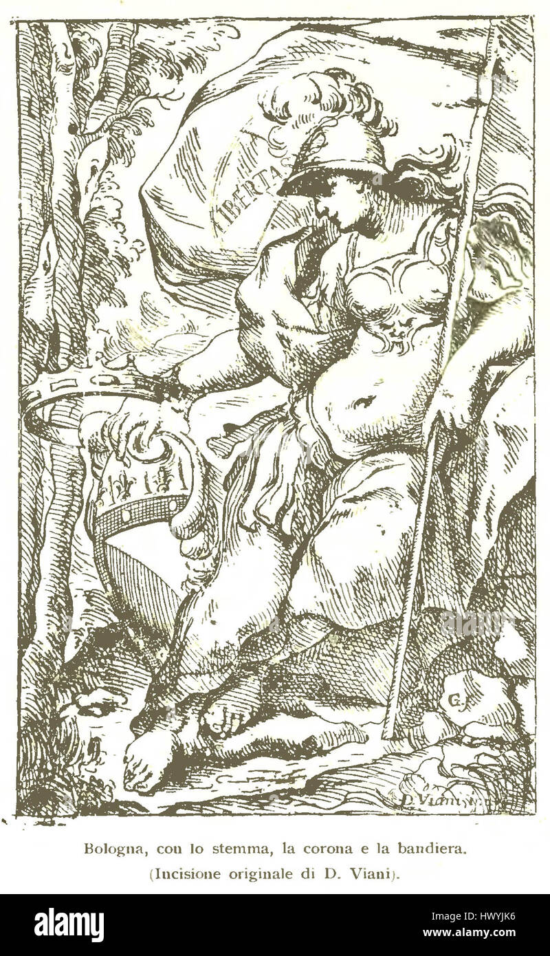 Questa immagine mostra Bologna con il suo emblema, la corona e la bandiera. La rappresentazione mette in evidenza il significato storico della città, con l'emblema che rappresenta il patrimonio locale, la corona che simboleggia l'autorità e la bandiera che riflette l'identità regionale. Il ricco contesto culturale e storico di Bologna è enfatizzato in questa rappresentazione simbolica. Foto Stock