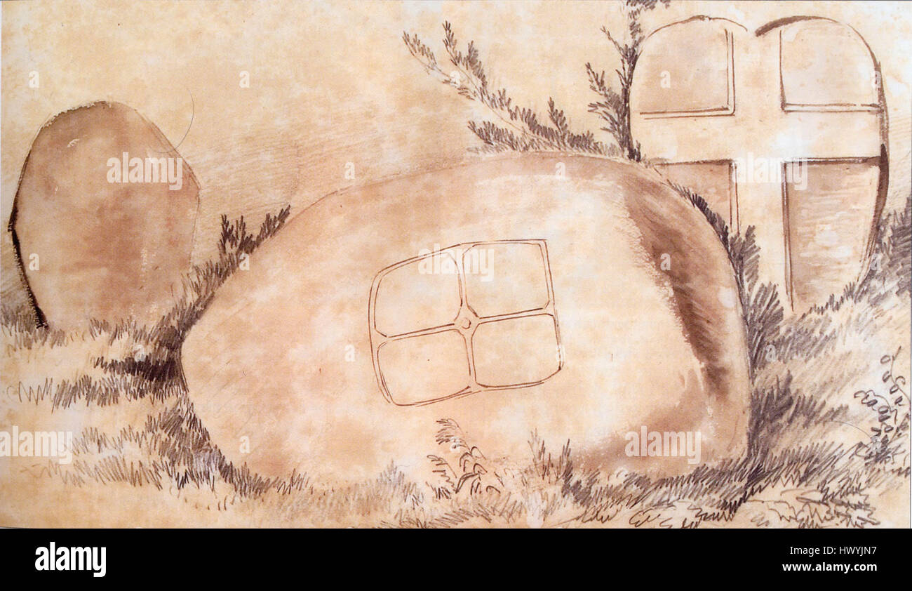 La Begerin Boulder and Cross Slab di George Victor Du Noyer è un'illustrazione archeologica raffigurante antiche pietre con simboli a croce. Questi pezzi mettono in risalto la storia antica e le tradizioni artistiche della regione. Foto Stock