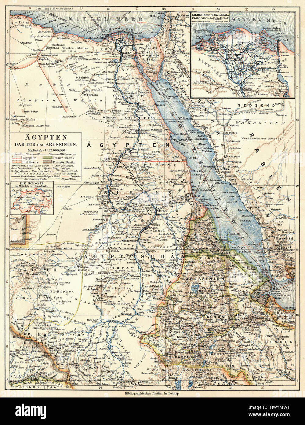 "Ägypten dar für und Abessinien" (1905) è una mappa che raffigura l'Egitto e l'Abissinia (l'attuale Etiopia), mostrando i confini geografici e politici della regione all'epoca. La mappa funge da riferimento storico per la geopolitica dell'inizio del XX secolo nell'Africa nord-orientale. Foto Stock