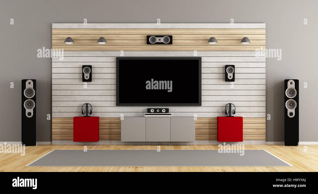 Soggiorno con sistema di home cinema -- 3d rendering Foto Stock