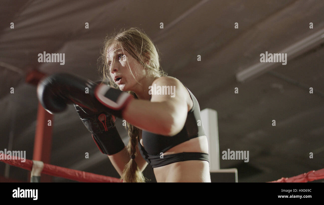 Basso angolo vista del boxer femmina punzonatura in guantoni da pugilato in piedi di pugilato ring durante il match Foto Stock
