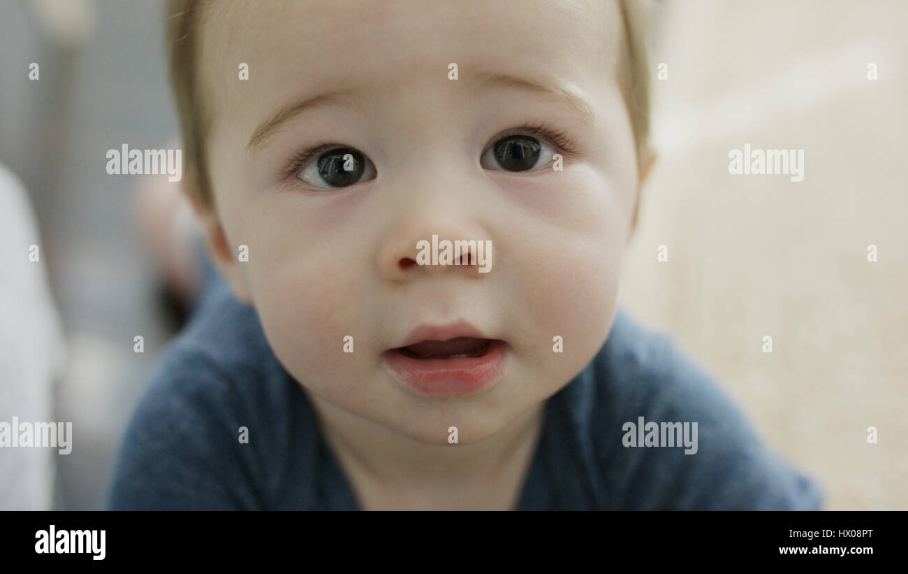 Close up ritratto di adorabili curiosi baby boy cercando Foto Stock