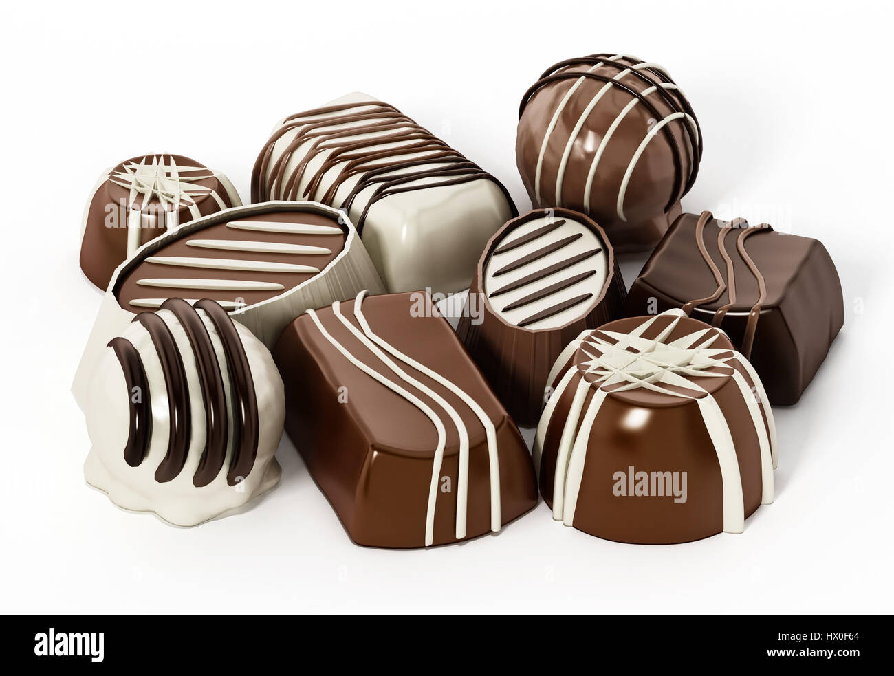 Cioccolatini assortiti isolati su sfondo bianco. 3D'illustrazione. Foto Stock