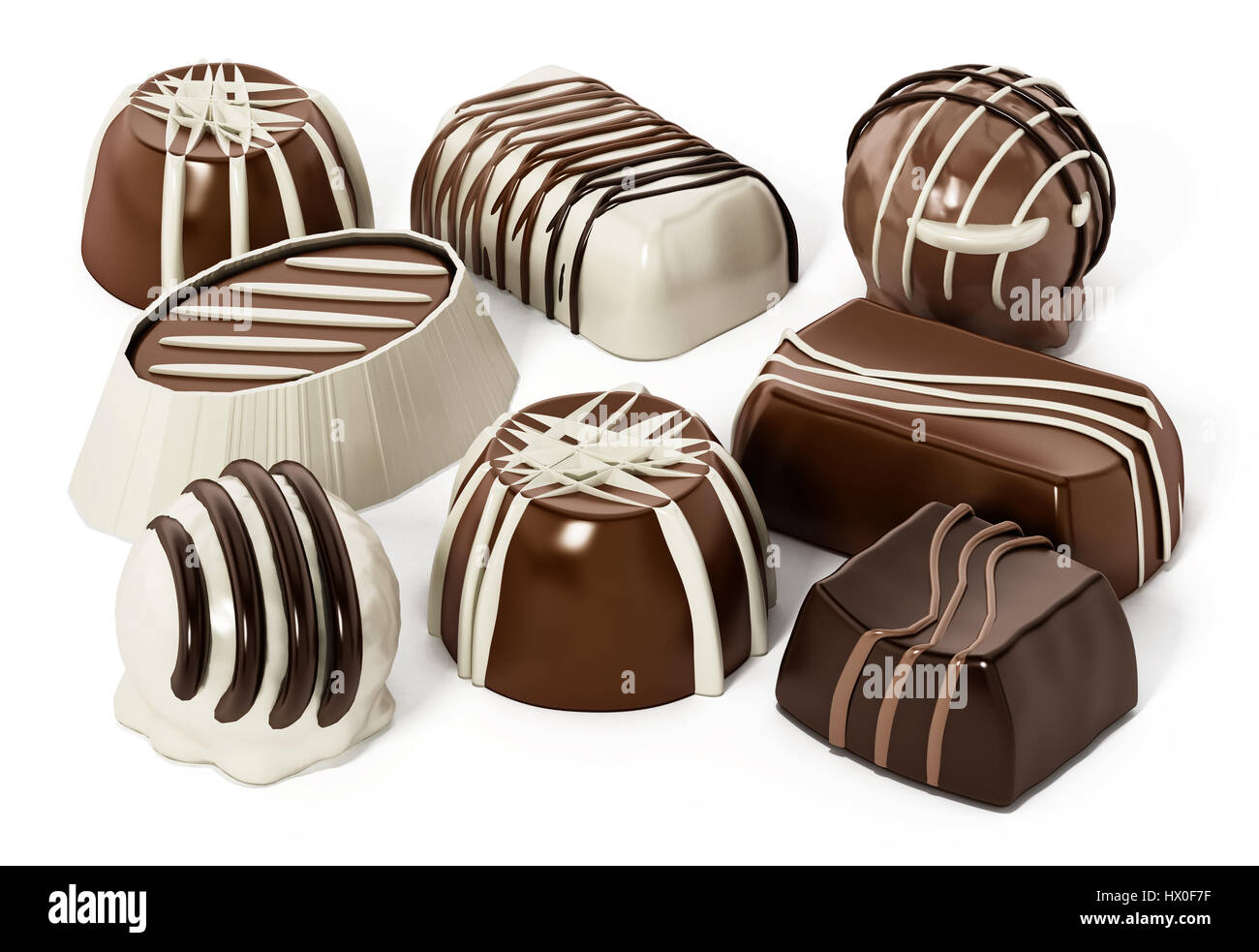 Cioccolatini assortiti isolati su sfondo bianco. 3D'illustrazione. Foto Stock
