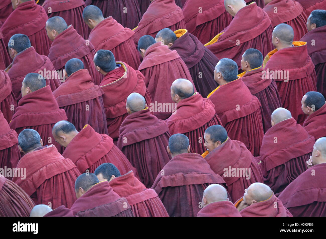 Una Congregazione di monaci tibetani nel monastero di Labrang, Xiahe, Cina Foto Stock