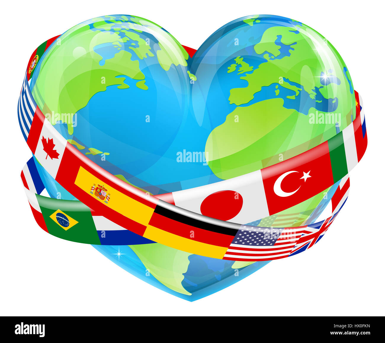 Un mondo di terra globe a forma di cuore, con bandiere nazionali intorno, potrebbe essere un concetto per il mondo la Giornata della Terra Foto Stock