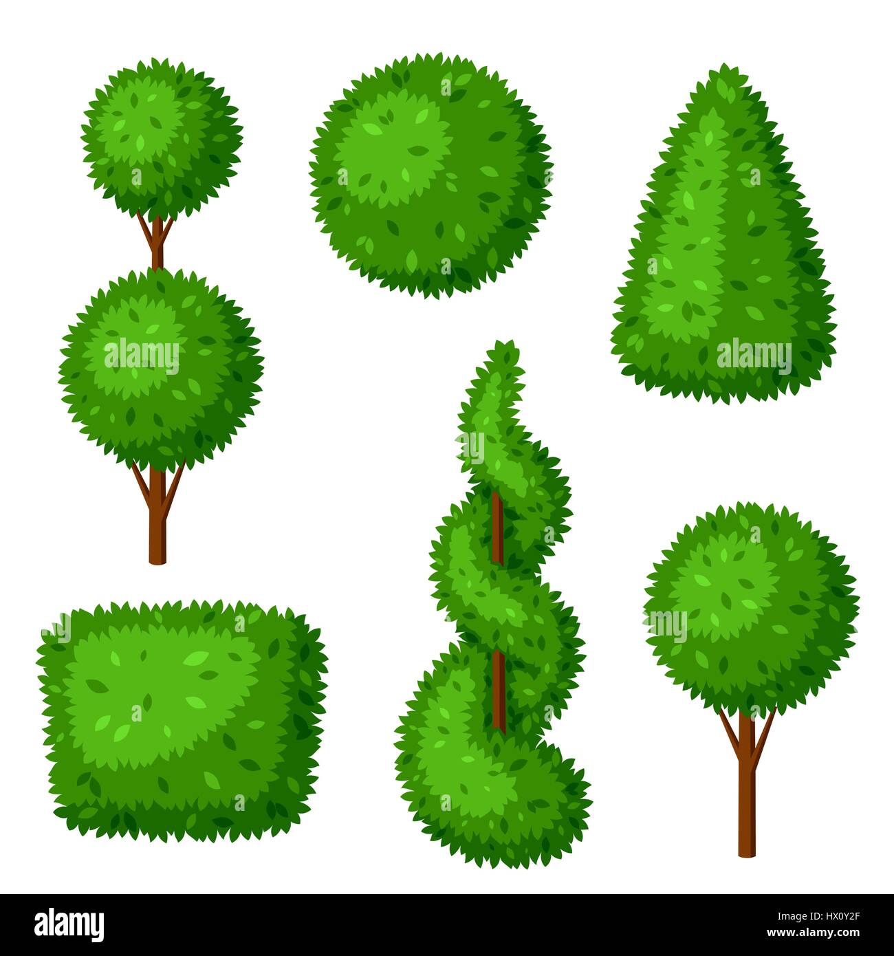 Topiaria da legno di bosso piante da giardino. Set di alberi decorativi Illustrazione Vettoriale