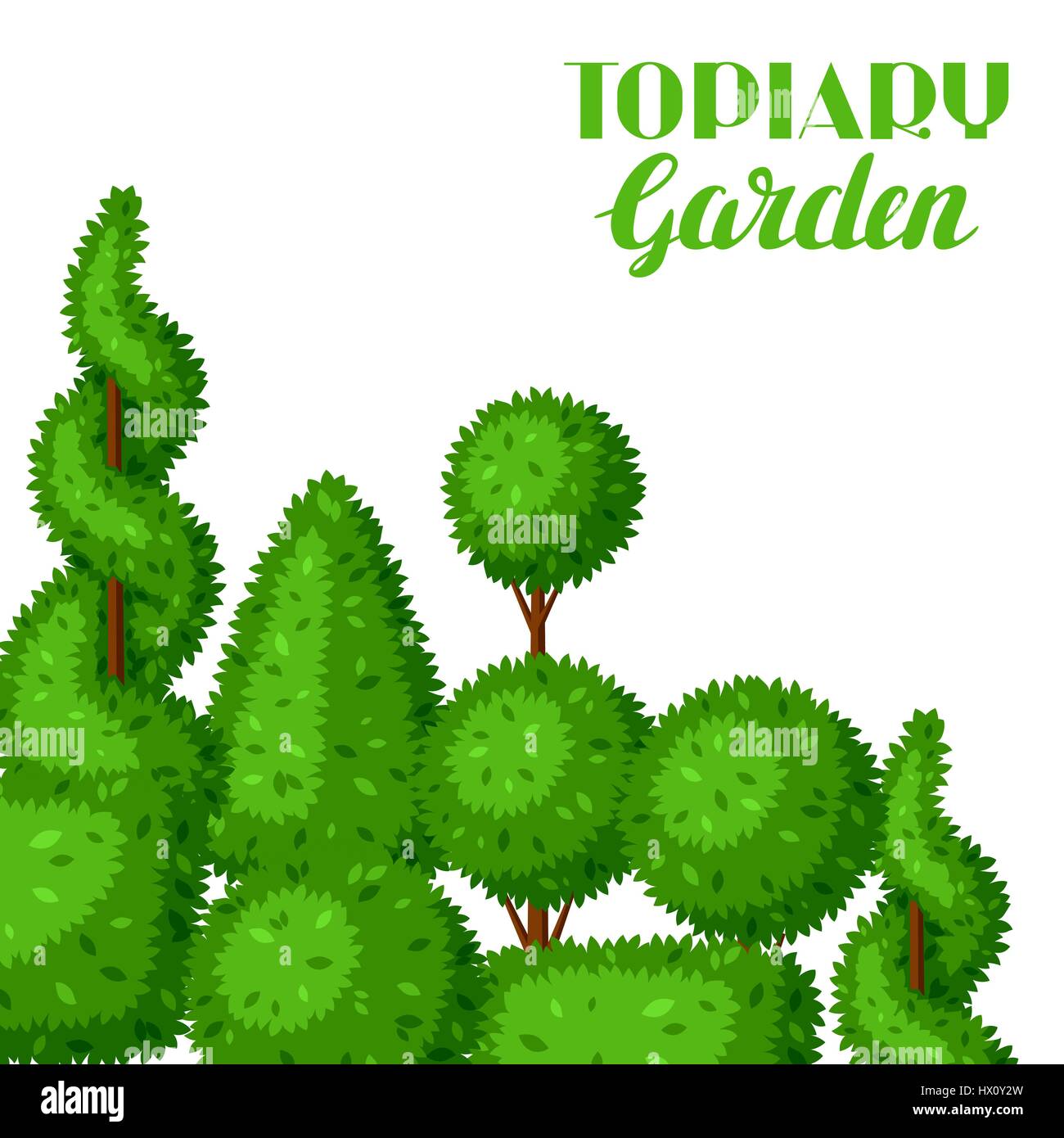 Topiaria da legno di bosso piante da giardino. Sfondo con alberi decorativi Illustrazione Vettoriale