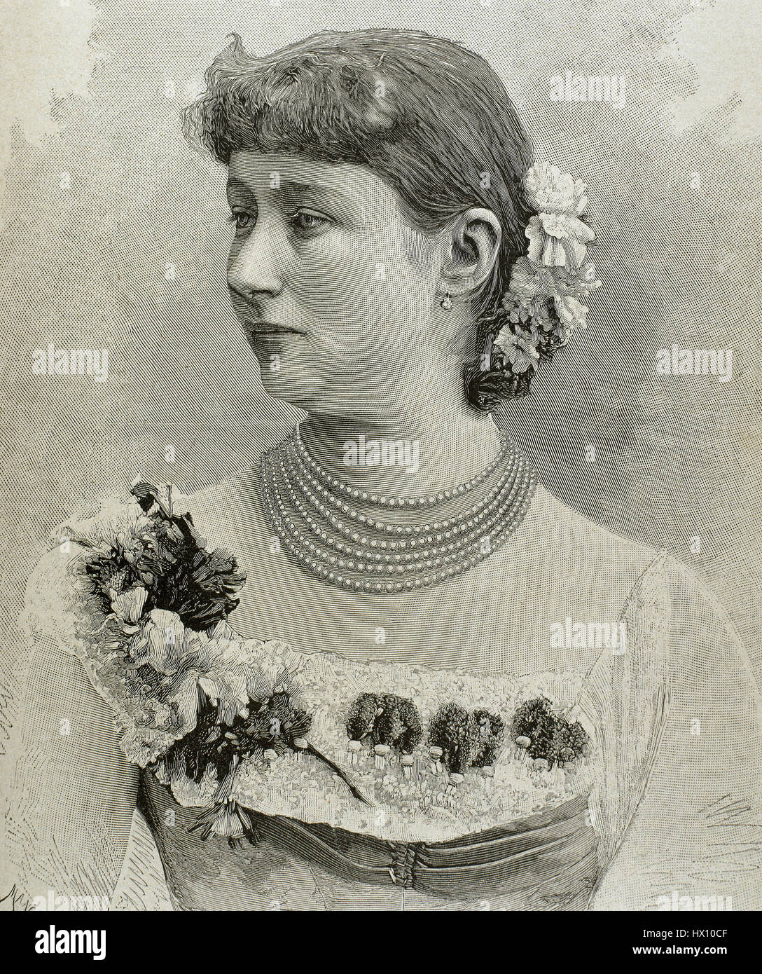 Augusta Victoria di Schleswig-Holstein (1858-1921). L'ultima imperatrice tedesca e regina di Prussia come la prima moglie dell'imperatore tedesco Wilhelm II (1859-1941). Ritratto. Incisione di Mancastropa. Foto Stock