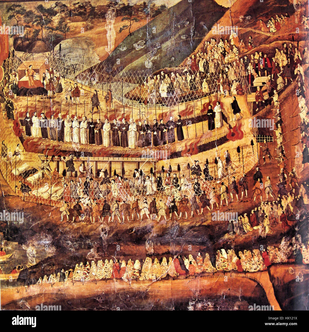 I martiri cristiani di Nagasaki si riferiscono ai cristiani giapponesi che furono perseguitati e giustiziati per la loro fede nel XVII secolo. Questo evento segnò un momento significativo nella storia del cristianesimo in Giappone. Foto Stock