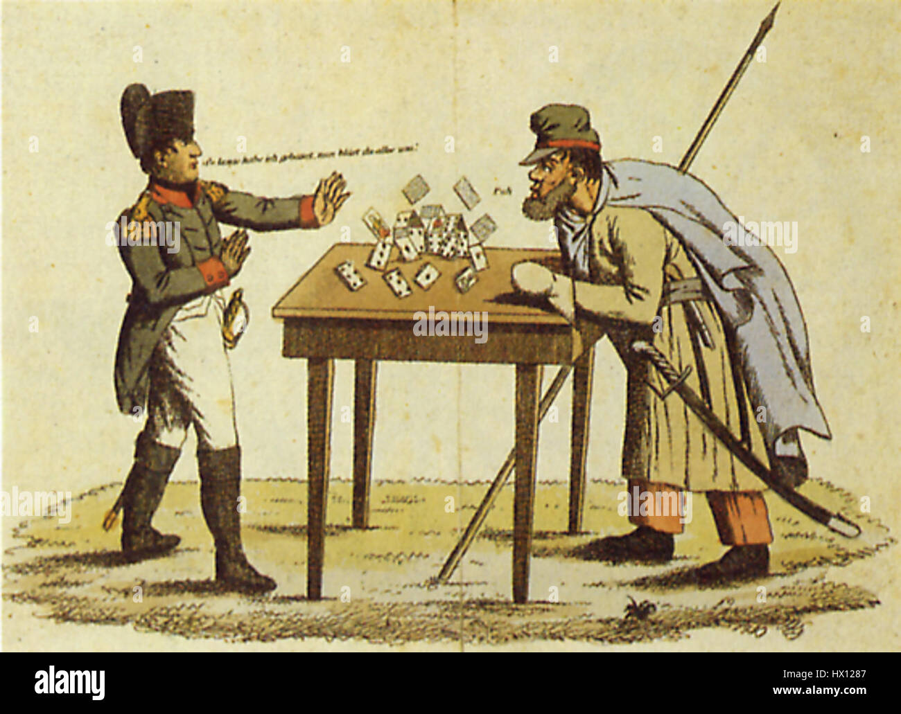 "DAS napoleonische Kartenhaus" (la Casa napoleonica delle carte) è un termine che si riferisce probabilmente alla precaria e fragile struttura politica sotto Napoleone Bonaparte. Simboleggia l'instabilità dell'impero di Napoleone, costruito sul potere e sulla strategia, che alla fine crollò. Foto Stock