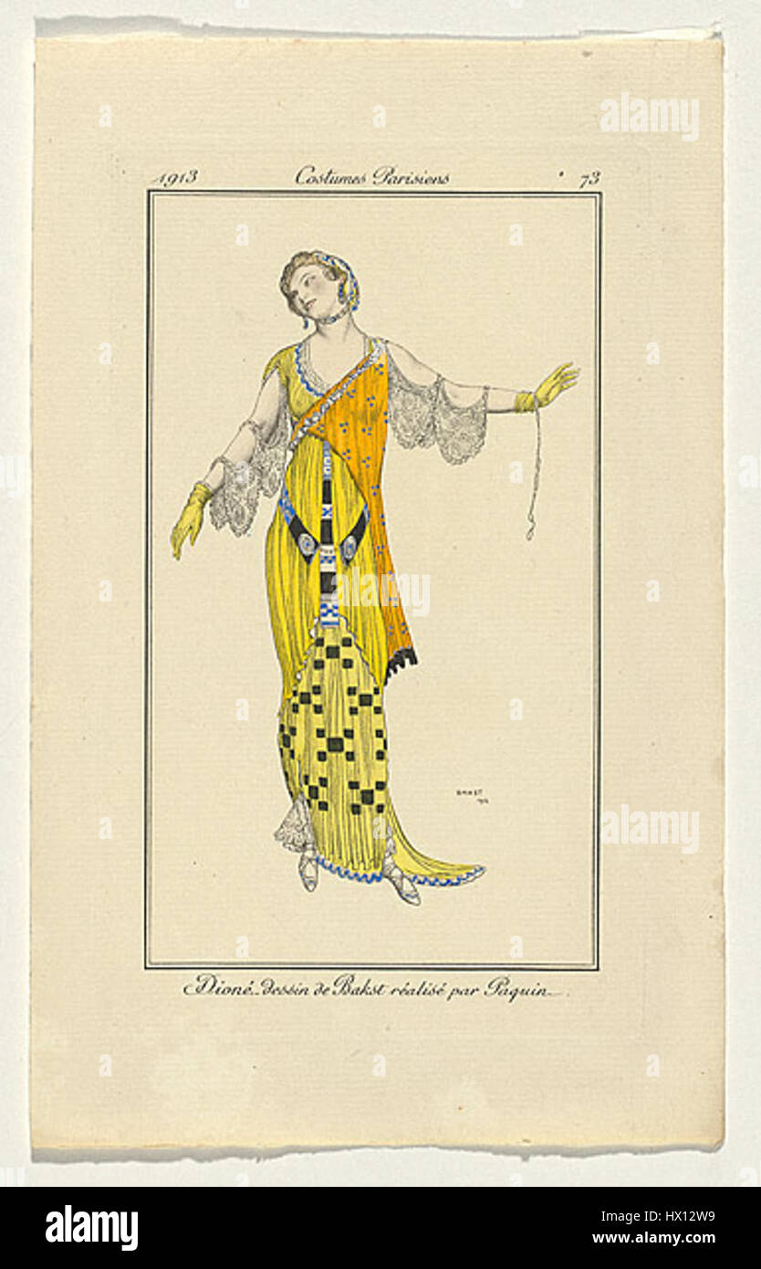 *Dione* di L. Bakst è un costume teatrale per una performance di balletto, caratterizzato dallo stile audace ed esotico di Bakst. Il lavoro cattura l'opulenza e il dramma della produzione, unendo colori vivaci e dettagli complessi. Foto Stock