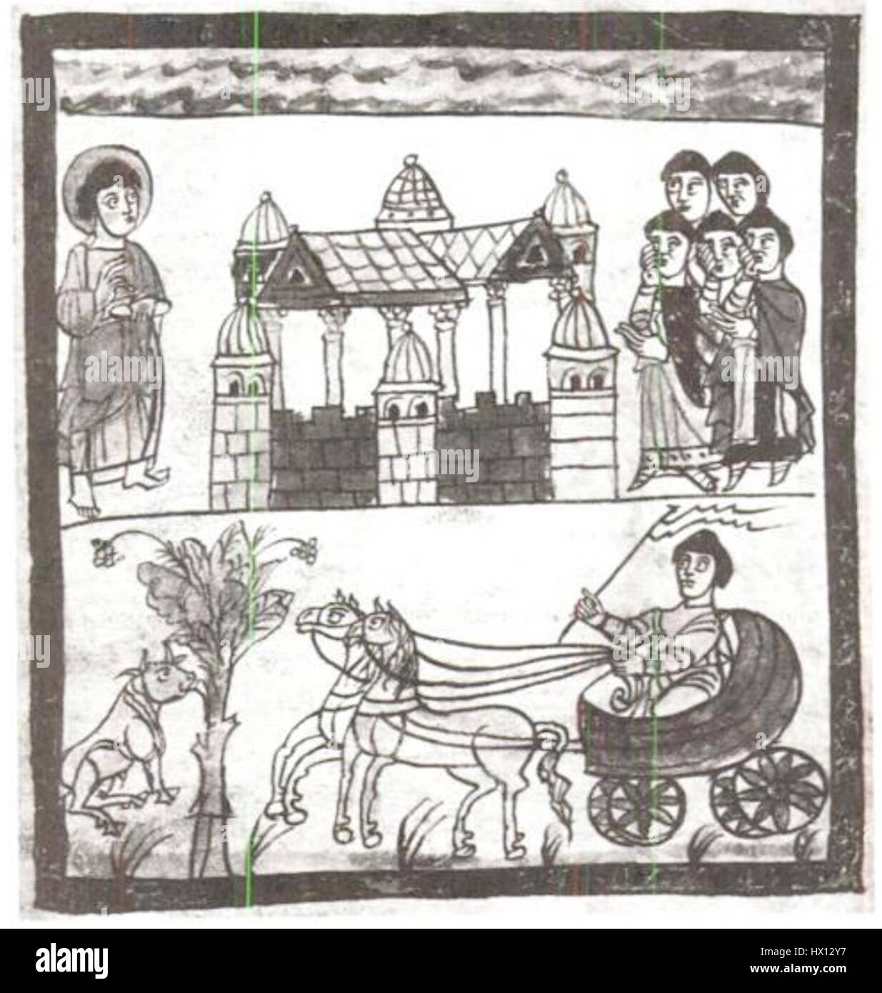Le prime imbracature europee sono state fondamentali per lo sviluppo del trasporto trainato da cavalli. Queste prime imbracature, progettate per l'uso con carrelli e carrozze, fornirono la struttura per l'avanzamento del trasporto equestre durante l'Europa medievale. Foto Stock