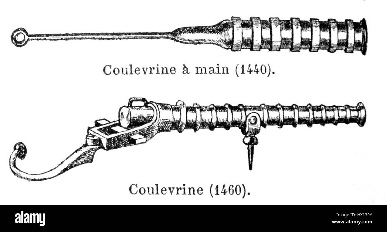 I primi Coulevrines si riferiscono ai primi modelli di un tipo di cannone usato nella guerra medievale e nella prima guerra moderna. Queste prime armi da fuoco furono un precursore di un'artiglieria più avanzata e giocarono un ruolo significativo nell'evoluzione della tecnologia militare. Foto Stock