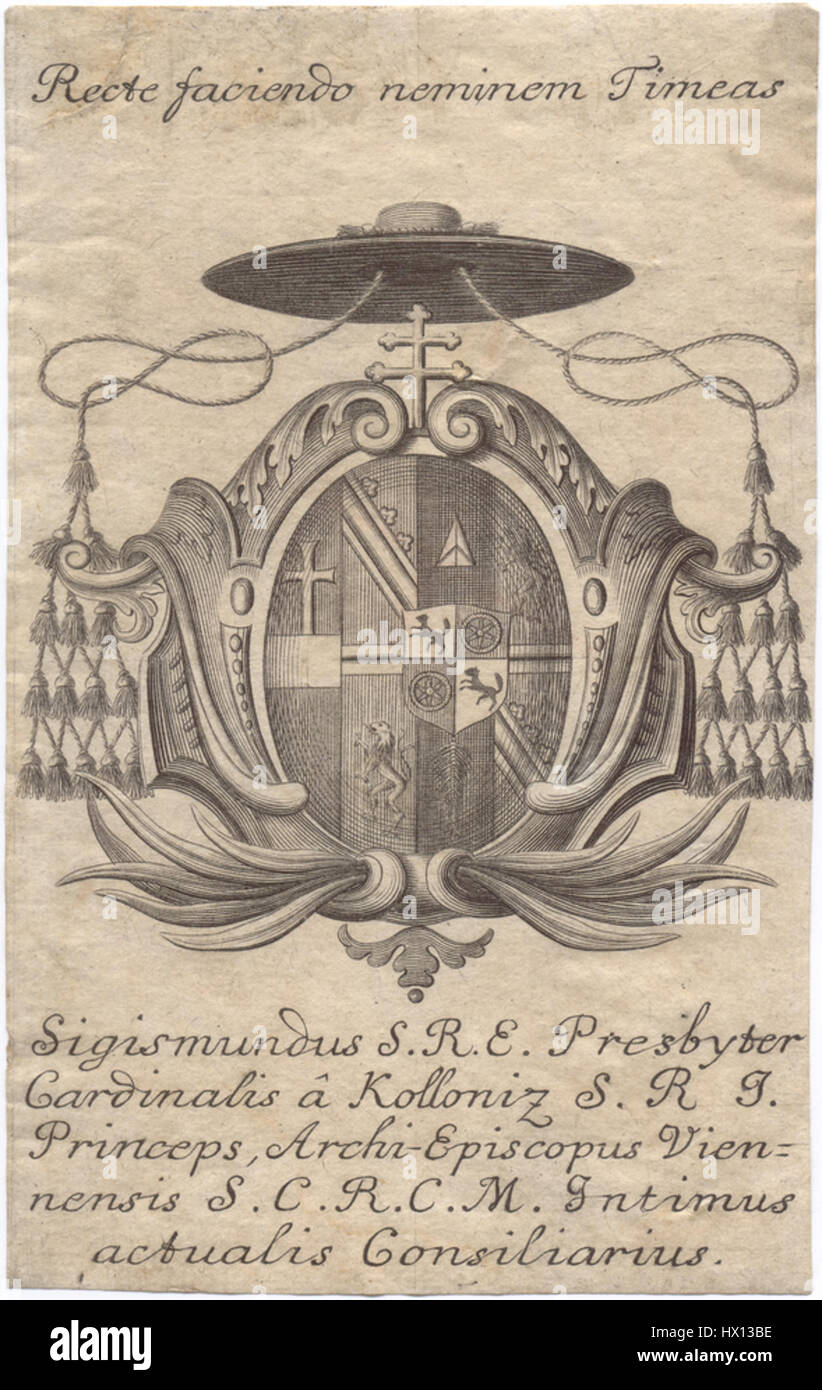 Questo design Ex Libris appartiene a Sigismund von Kollonitz, con una libreria personalizzata che riflette la sua identità e il suo status. L'intricato disegno spesso utilizzato nelle biblioteche personali durante il XVIII e XIX secolo mostra il raffinato gusto del proprietario in letteratura e arte. Foto Stock