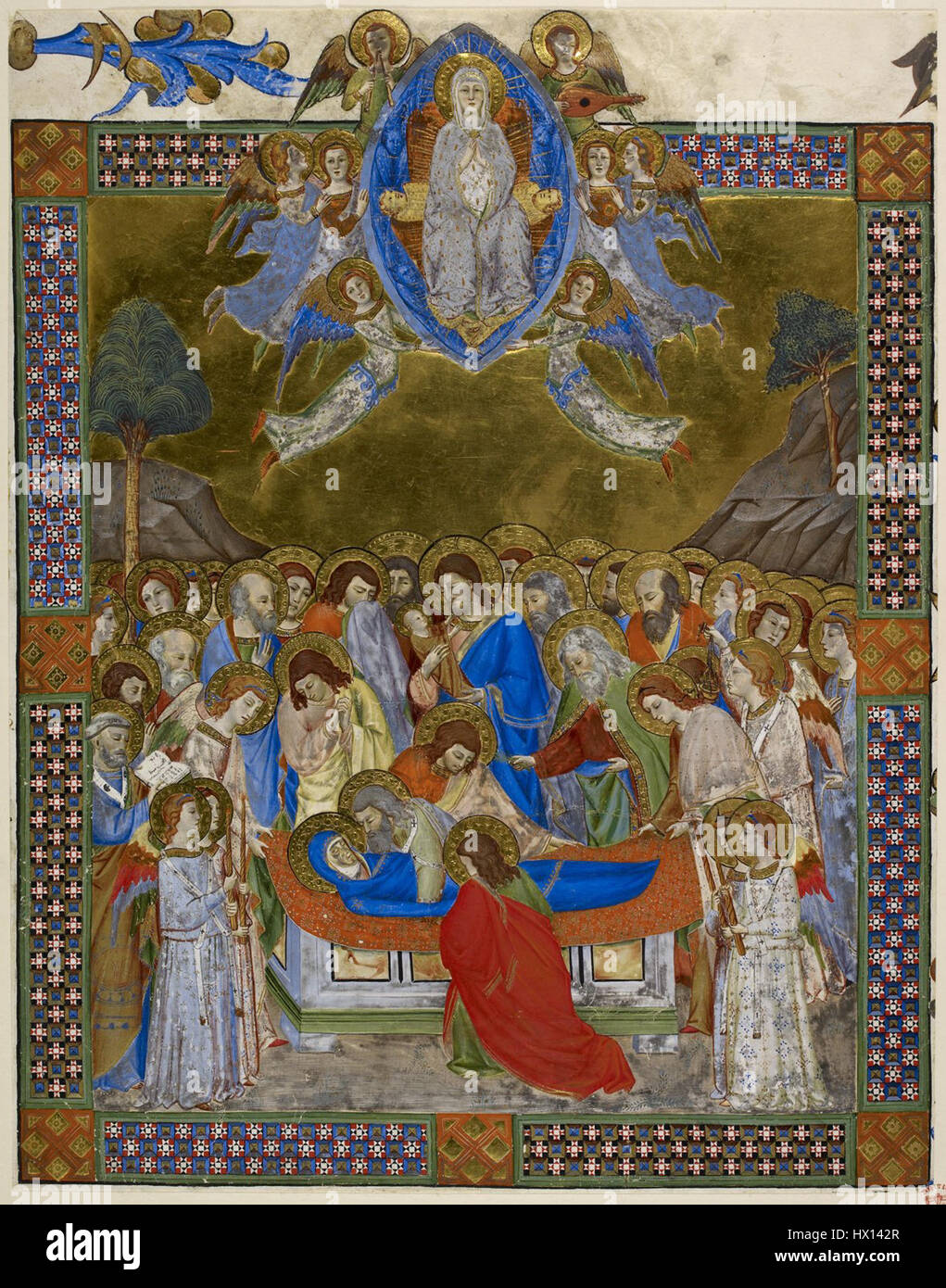 Il "graduale da Santa Maria degli Angeli" di Don Silvestro dei Gherarducci è un manoscritto miniato del XV secolo che presenta scene della vita della Vergine Maria, tra cui la morte e l'assunzione. Il manoscritto mostra dettagliate opere d'arte religiose, evidenziando le tradizioni artistiche medievali. Foto Stock