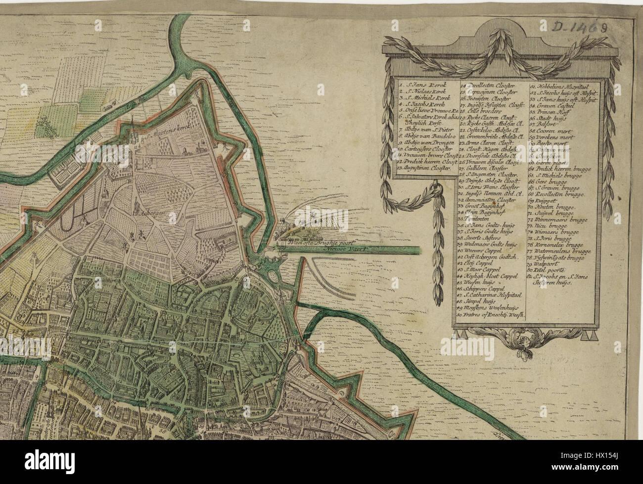 Una sezione dettagliata della mappa di Gand del XVIII secolo creata da Johann Michael Probst, che mette in evidenza strade, edifici e monumenti storici. Foto Stock