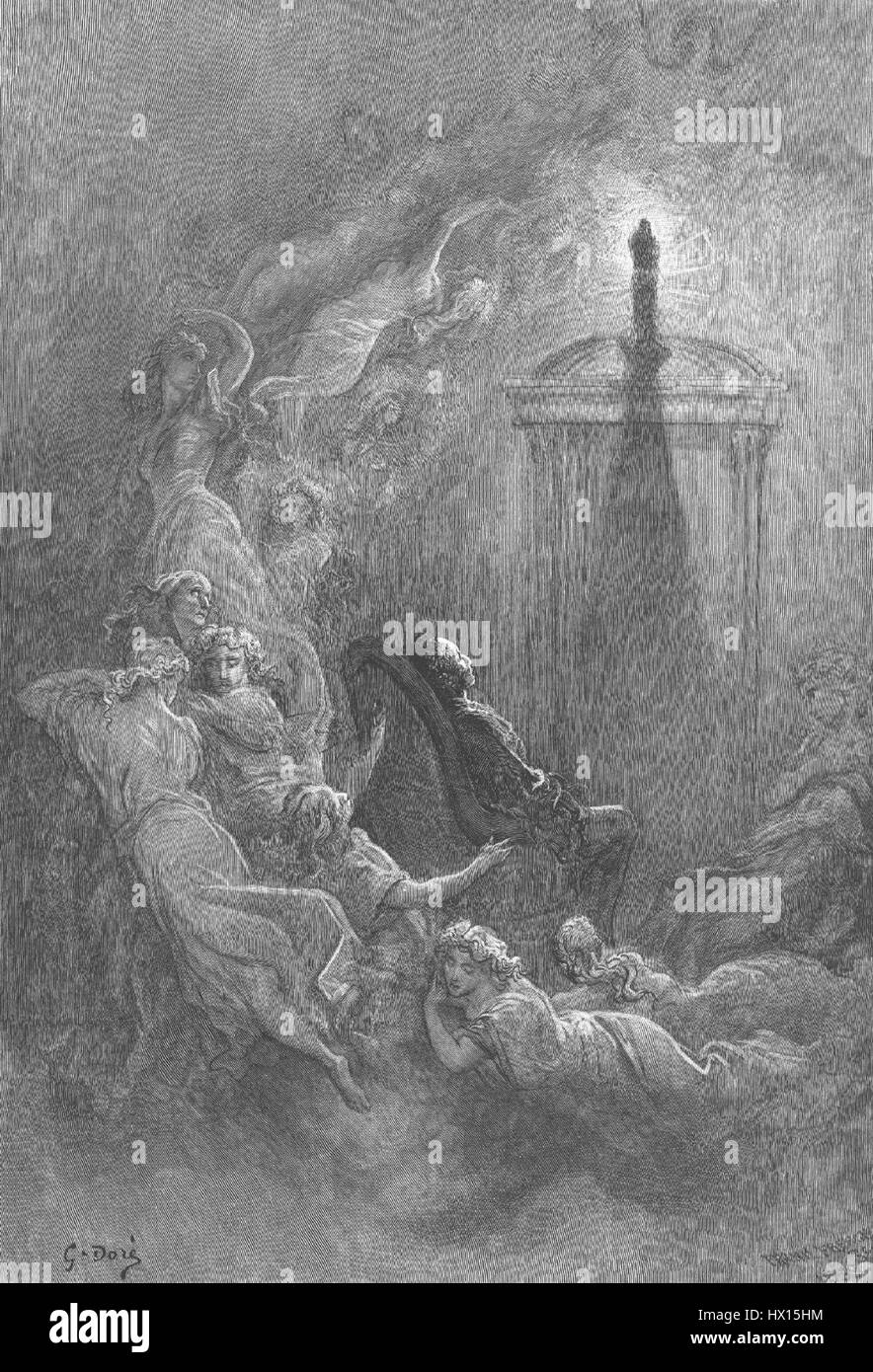 L'illustrazione di Gustave Doré del 1884 di "The Raven" di Edgar Allan PoE cattura l'atmosfera inquietante della poesia. L'immagine, che presenta un corvo arroccato su un busto di Pallade, interpreta visivamente i temi del dolore, della perdita e del soprannaturale nella famosa opera di PoE. Foto Stock