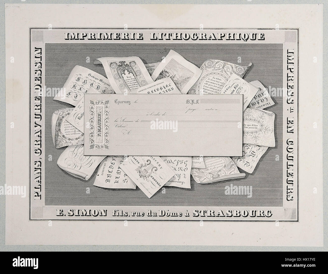 La "carta pubblicitaria" di Emile Simon si riferisce a una carta pubblicitaria disegnata dall'artista francese Emile Simon. Noto per le sue opere di grafica tra la fine del XIX e l'inizio del XX secolo, i pezzi pubblicitari di Simon sono importanti esempi di arte commerciale moderna. Foto Stock