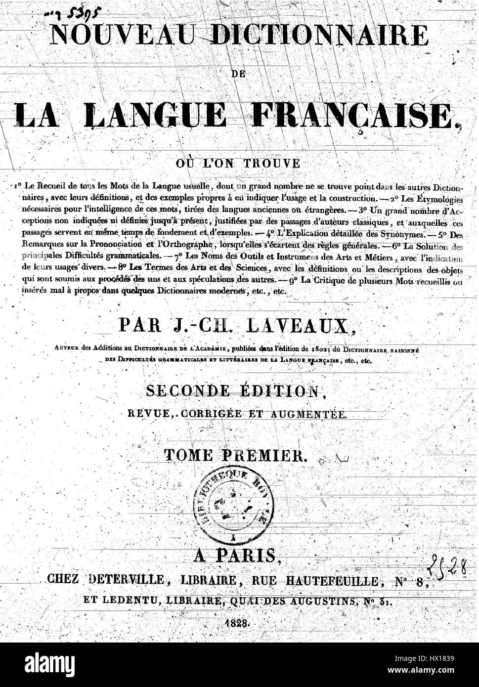 Un frontespizio di Laveaux, tratto da un dizionario di parole Foto Stock