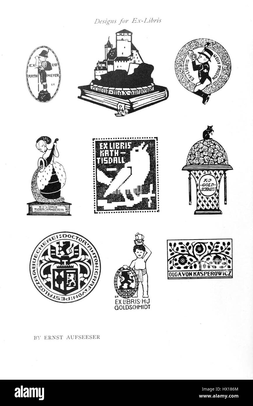 Questo design "Ex libris" di E. Aufseeser presenta una libreria personalizzata. Gli "ex libris" sono tipicamente utilizzati per indicare la proprietà di un libro, con disegni artistici che riflettono il gusto o la professione del proprietario. Foto Stock