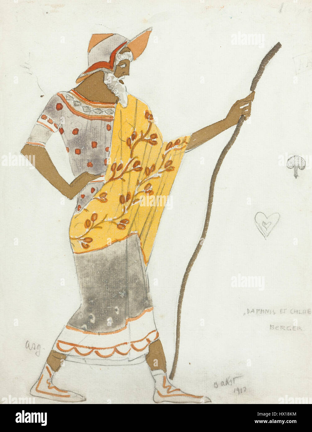 "Daphnis e Chloe" di L. Bakst è una rappresentazione visiva del famoso romanzo pastorale greco, che illustra la storia d'amore tra i personaggi Daphnis e Chloe in uno stile vibrante e teatrale. L'opera è celebrata per i suoi costumi espressivi e il movimento dinamico. Foto Stock