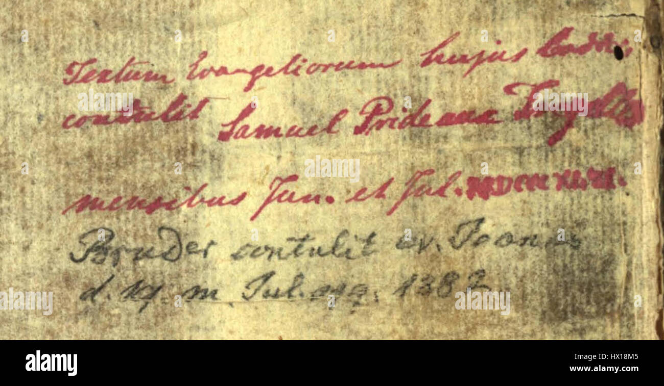 Questo manoscritto, Cod. Monacensis, presenta due note sulla foglia di mosca di carta di Tregelles e Bruder. Queste note contribuiscono alla comprensione accademica del contesto del manoscritto, facendo luce sul significato storico del testo. Foto Stock