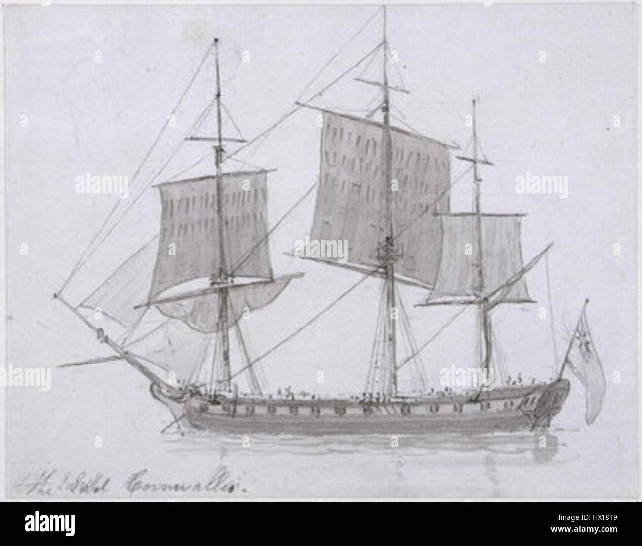 Il *Earl Cornwallis Indiaman* era una nave di spicco della compagnia britannica delle Indie Orientali. Ha svolto un ruolo chiave nel commercio durante il XVIII secolo, viaggiando tra l'India e l'Inghilterra. L'Indiaman era noto per le sue grandi dimensioni e la sua forza, progettato per trasportare beni di valore come tè, spezie e tessuti attraverso i mari. Foto Stock