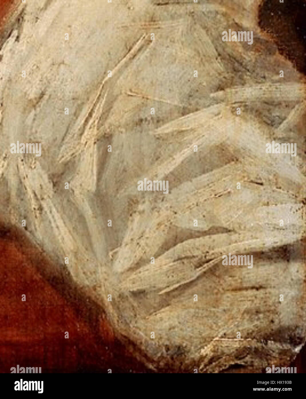 Una vista ravvicinata della tecnica pittorica di Frans Hals, che mostra il suo uso di un coltello da pittura per creare pennellate espressive e superfici testurizzate nella sua ritrattistica. Foto Stock