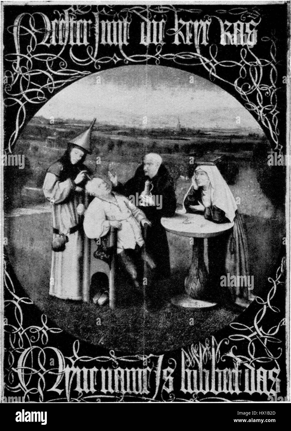 "Cutting the Stone" di Hieronymus Bosch è un dipinto simbolico con figure grottesche impegnate nell'atto di tagliare la pietra. Il pezzo mostra il caratteristico surrealismo dettagliato di Bosch, con sfumature allegoriche scure sulla natura umana e sul peccato. Foto Stock "Cutting the Stone" di Hieronymus Bosch è un dipinto simbolico con figure grottesche impegnate nell'atto di tagliare la pietra. Il pezzo mostra il caratteristico surrealismo dettagliato di Bosch, con sfumature allegoriche scure sulla natura umana e sul peccato. Foto Stock