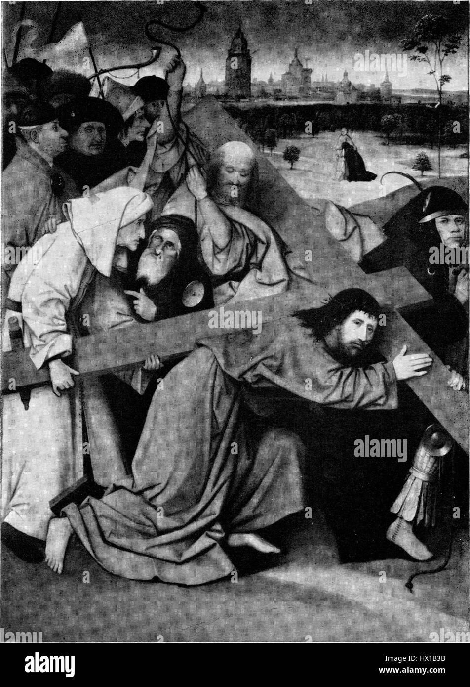 Cristo che porta la croce di Hieronymus Bosch è una potente rappresentazione del viaggio di Cristo verso la sua crocifissione. Il dipinto trasmette intense emozioni, con lo stile surrealistico caratteristico di Bosch che enfatizza la sofferenza, l'umanità e il sacrificio divino, ambientato in uno sfondo oscuro e simbolico. Foto Stock Cristo che porta la croce di Hieronymus Bosch è una potente rappresentazione del viaggio di Cristo verso la sua crocifissione. Il dipinto trasmette intense emozioni, con lo stile surrealistico caratteristico di Bosch che enfatizza la sofferenza, l'umanità e il sacrificio divino, ambientato in uno sfondo oscuro e simbolico. Foto Stock