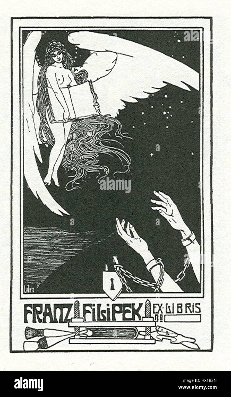 Una libreria "Ex Libris" di Franz Filsipek, progettata artisticamente per riflettere la proprietà e la personalizzazione di un libro. Questa forma di libreria è stata ampiamente utilizzata nel XIX e XX secolo. Foto Stock