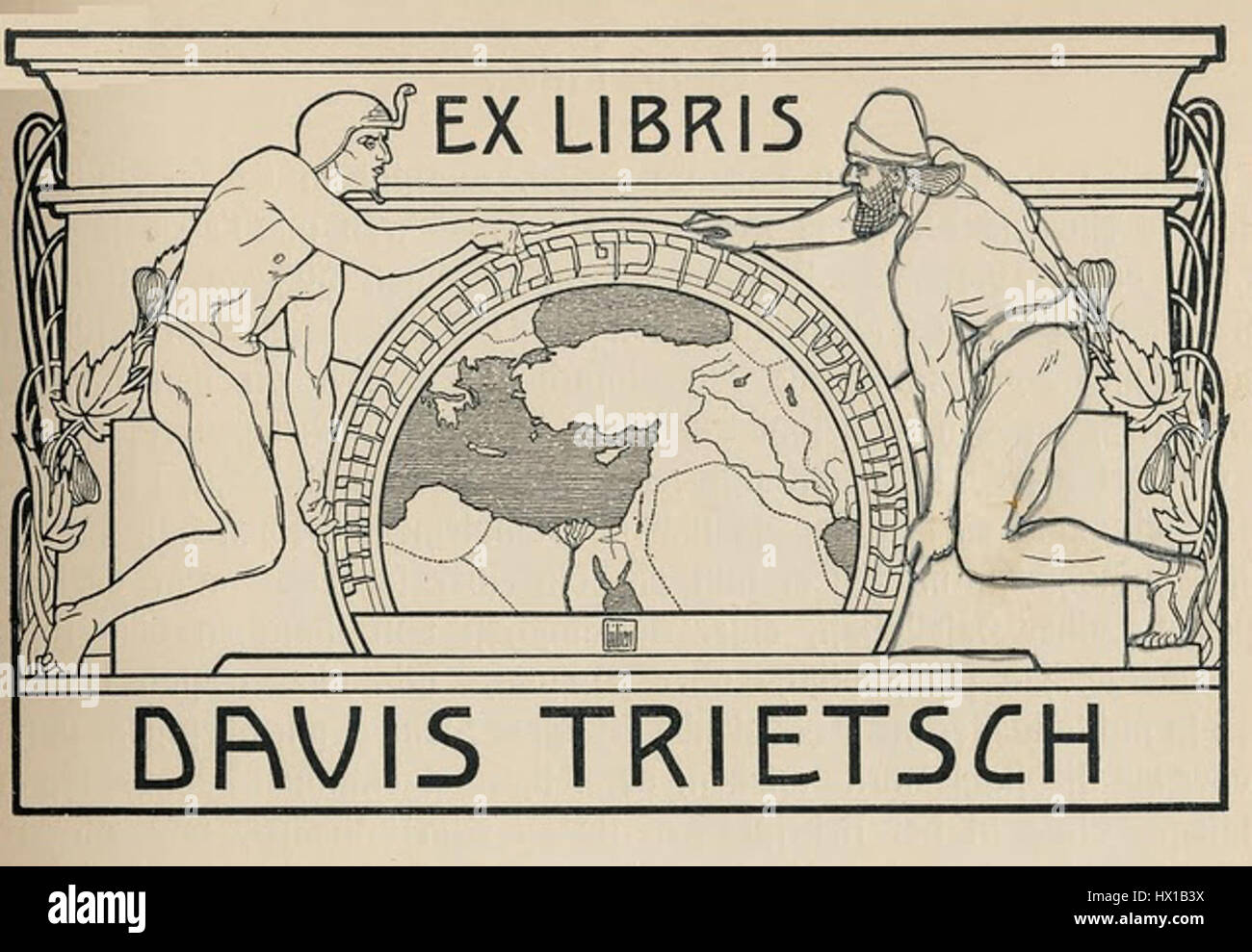 "Ex Libris" di Davis Trietch è una libreria progettata per segnare la proprietà di un libro. Le targhe, una forma decorativa di ex libris, furono ampiamente utilizzate nel XIX e XX secolo, spesso con disegni personalizzati o motivi che riflettono gli interessi o l'identità del proprietario. Foto Stock