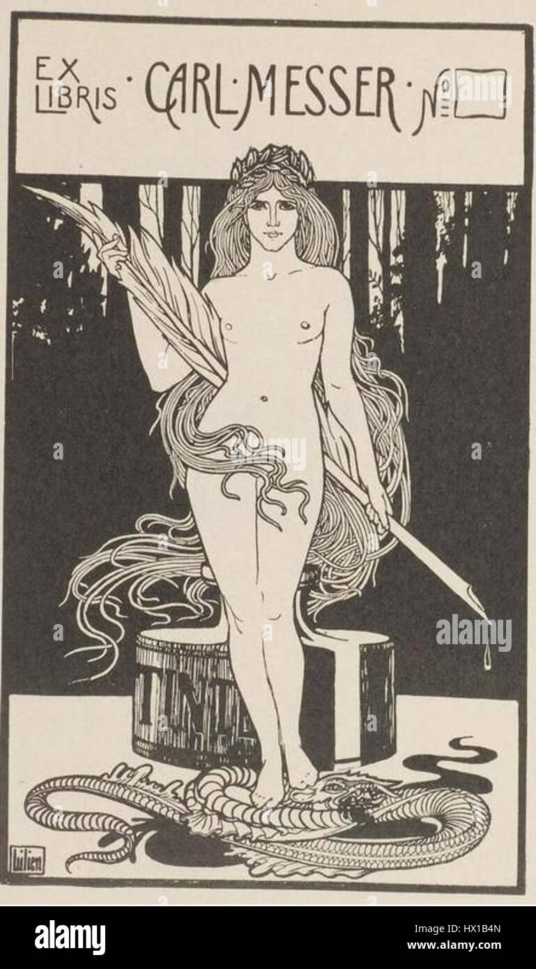 "Ex Libris Carl Messer" si riferisce a una libreria progettata per Carl Messer, usata per segnare la sua collezione personale di libri. Il design presenta una grafica e simboli distintivi, che spesso mostrano elementi artistici legati alla personalità o agli interessi del proprietario. Queste piccole ma significative opere d'arte spesso servono come un modo per personalizzare una biblioteca e possono riflettere i gusti e le attività intellettuali del proprietario. Foto Stock